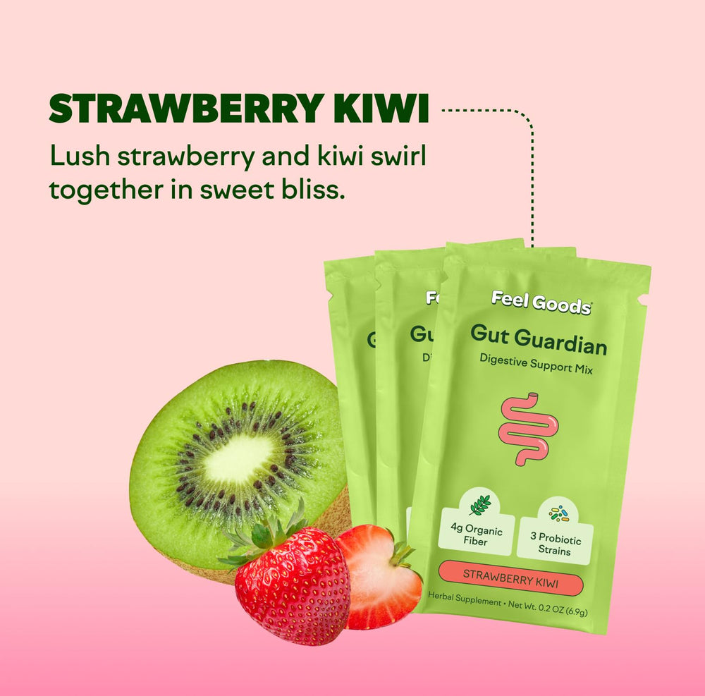 Feel Goods Strawberry Kiwi flavor powder invites sugar-free gut support.