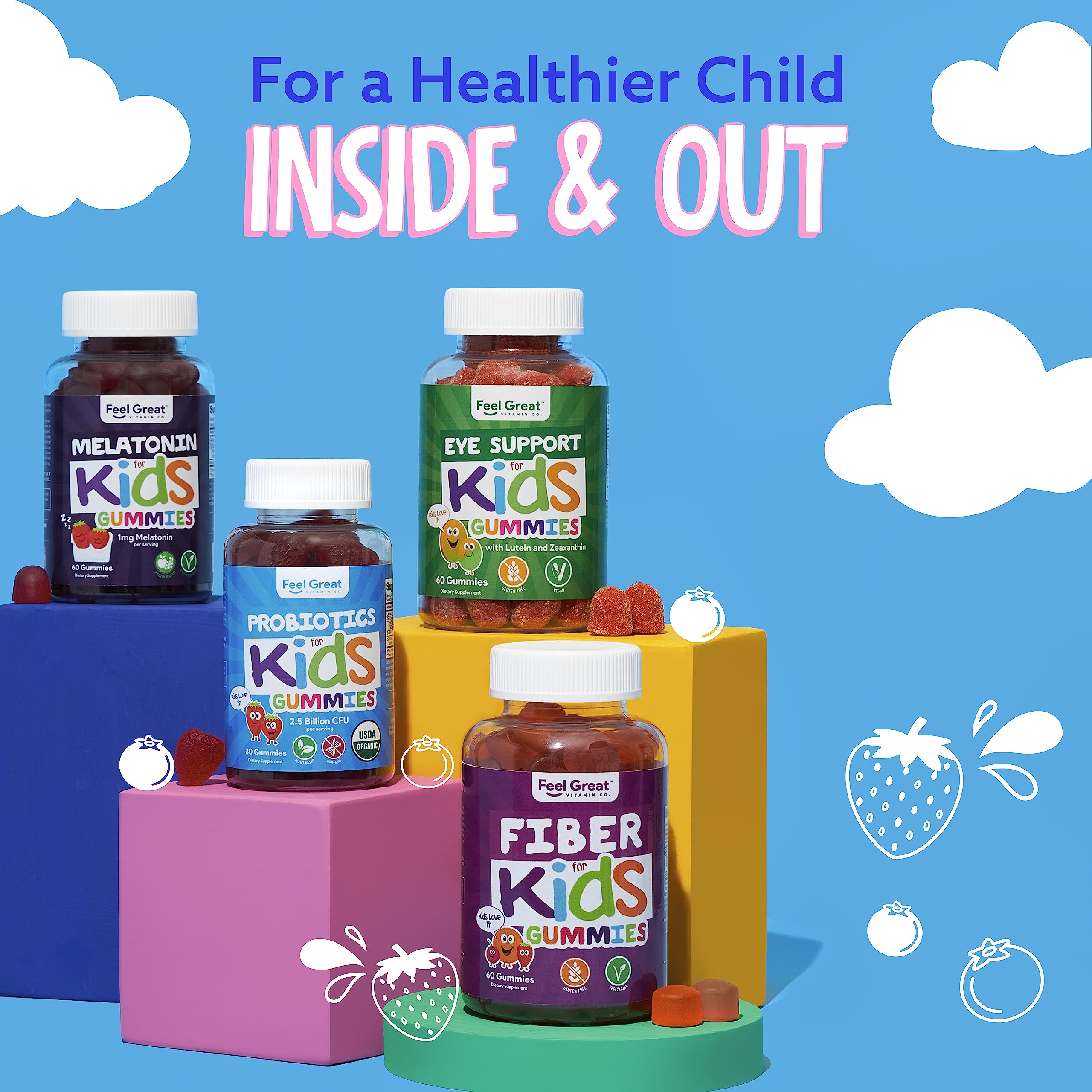 30-count Feel Great probiotic gummies for kids in a tidy bottle.