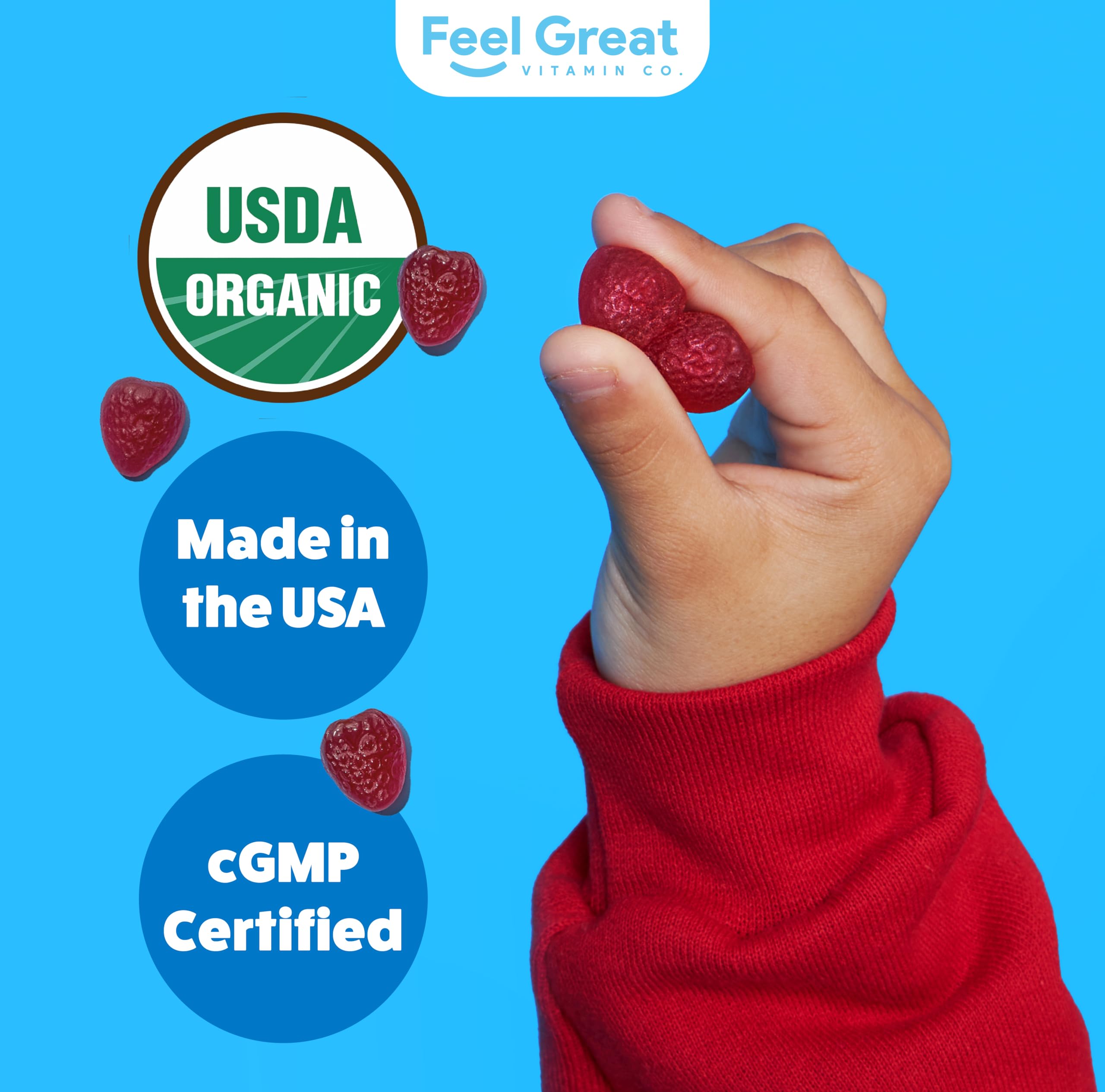Close-up of Feel Great digestive health gummies for kids on a table.