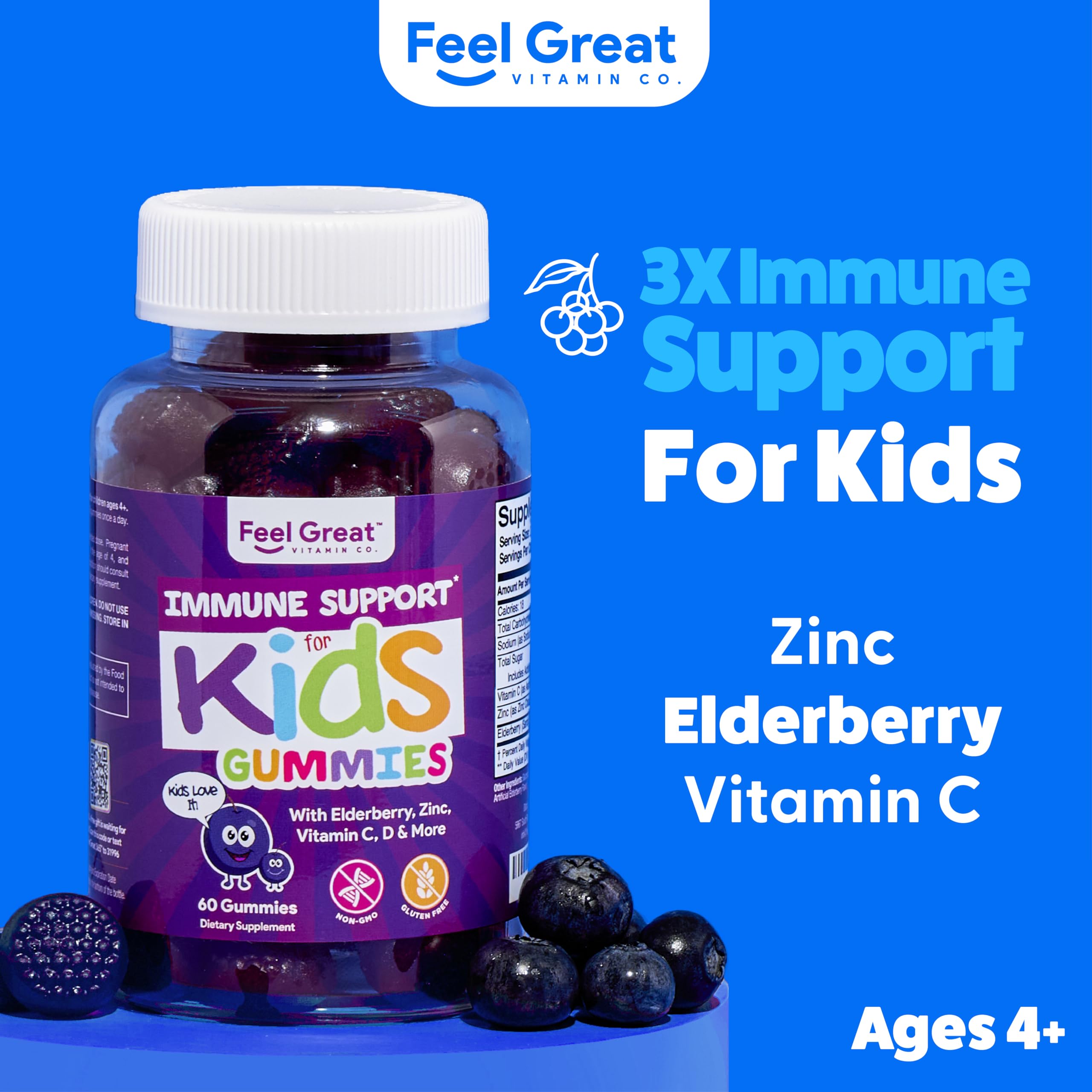 Feel Great Immune Support for Kids bottle back label highlighting ingredients.