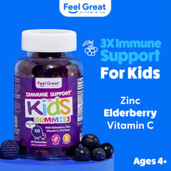 Feel Great Immune Support for Kids bottle back label highlighting ingredients.
