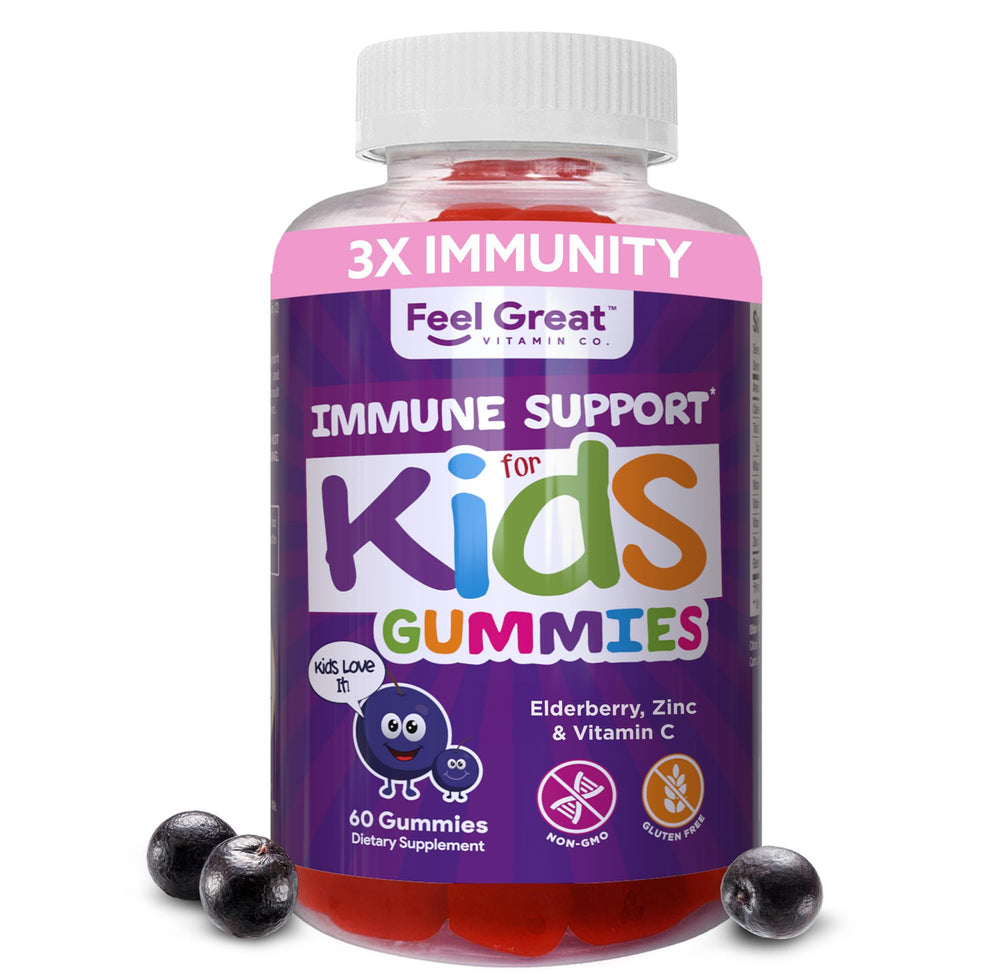 Feel Great Immune Support for Kids bottle front view showcasing daily wellness gummies.