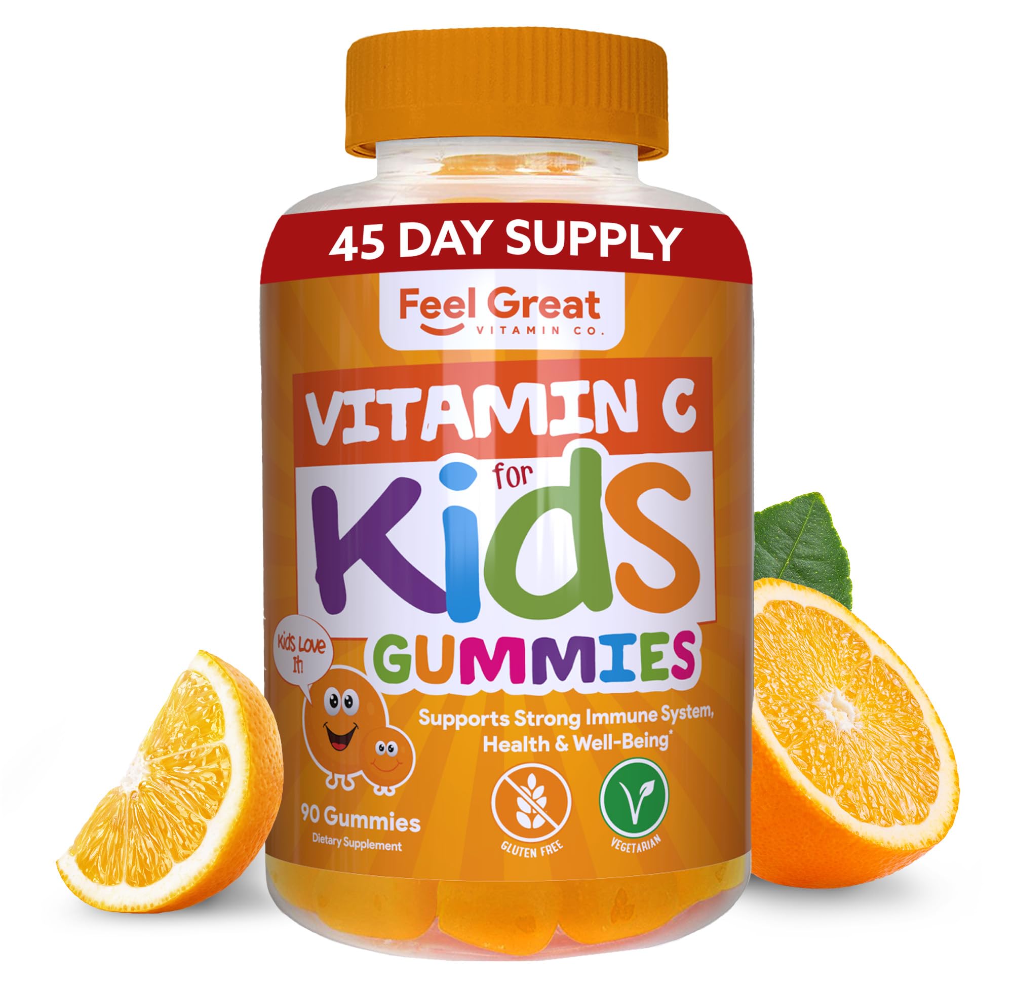 Feel Great Kids Vitamin C Gummies jar with orange flavor for daily immune support.