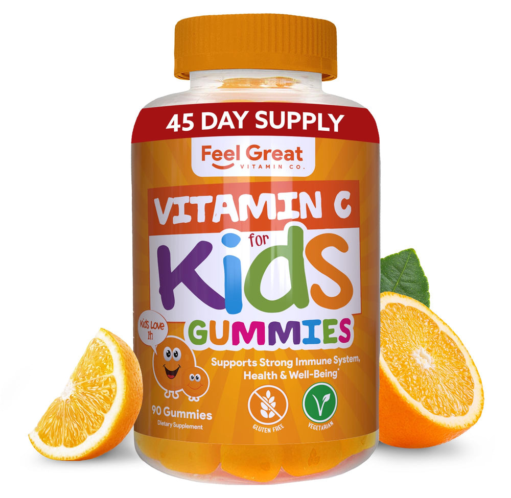 Feel Great Kids Vitamin C Gummies jar with orange flavor for daily immune support.