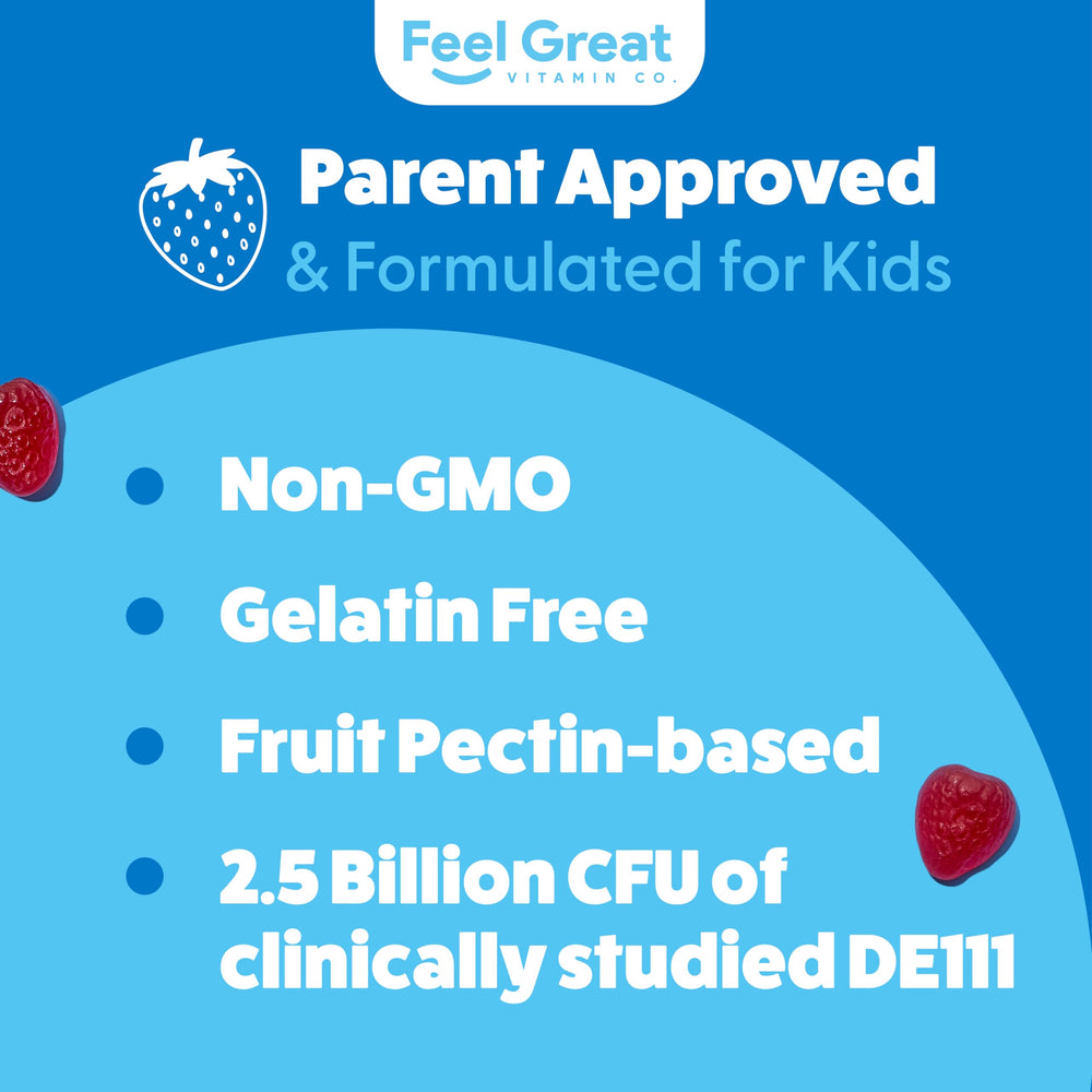 Plant-based Feel Great kids probiotic prebiotic gummies featuring strawberry flavor.