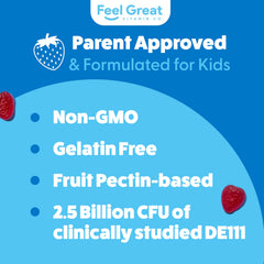 Plant-based Feel Great kids probiotic prebiotic gummies featuring strawberry flavor.