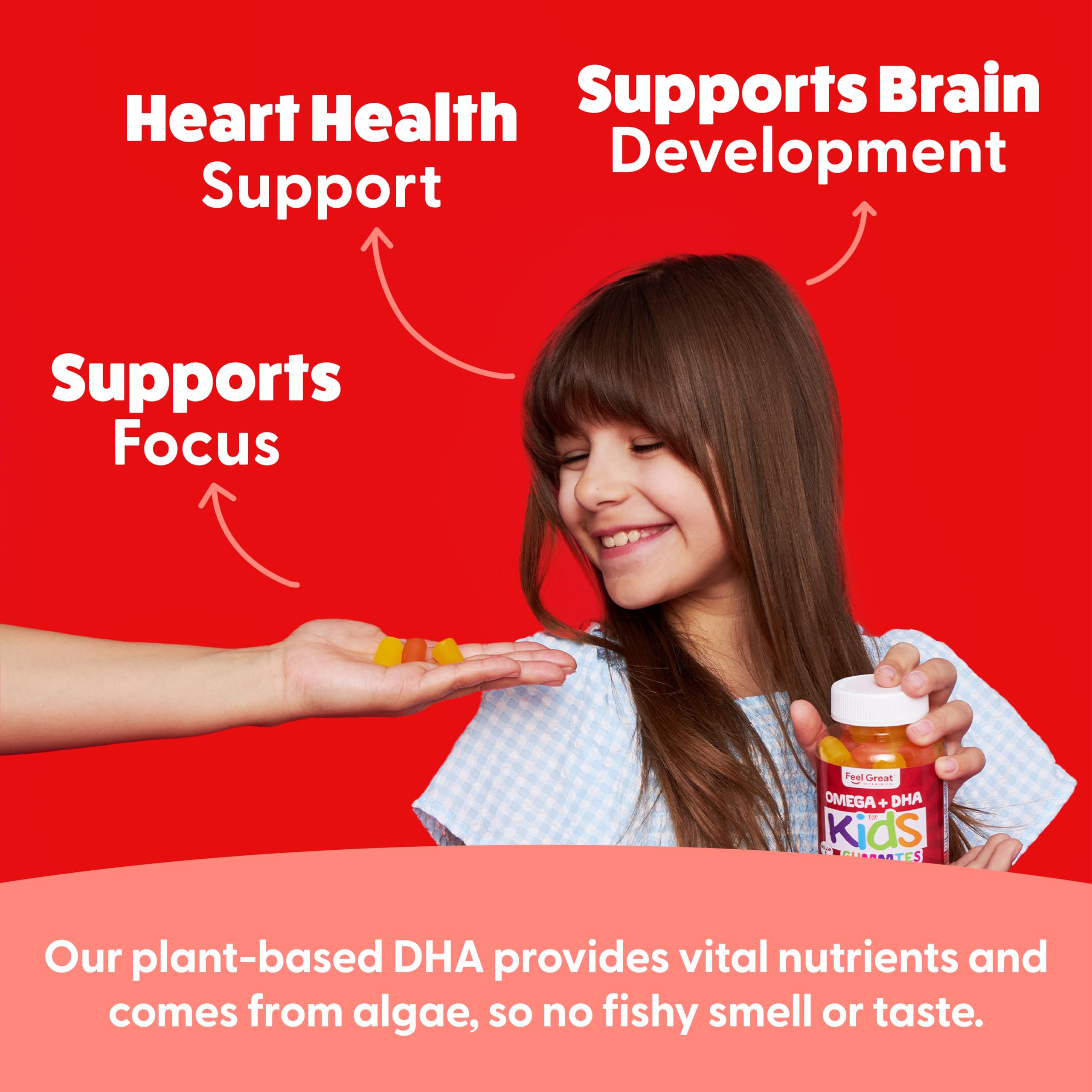 Feel Great Vitamin Co. Complete DHA gummies with omega icons promote a simple routine for busy kids.