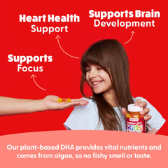 Feel Great Vitamin Co. Complete DHA gummies with omega icons promote a simple routine for busy kids.
