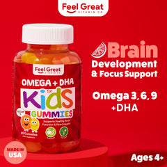 Feel Great Vitamin Co. Complete DHA gummies closeup emphasizes citrus flavor and plant-based ingredients for kids.
