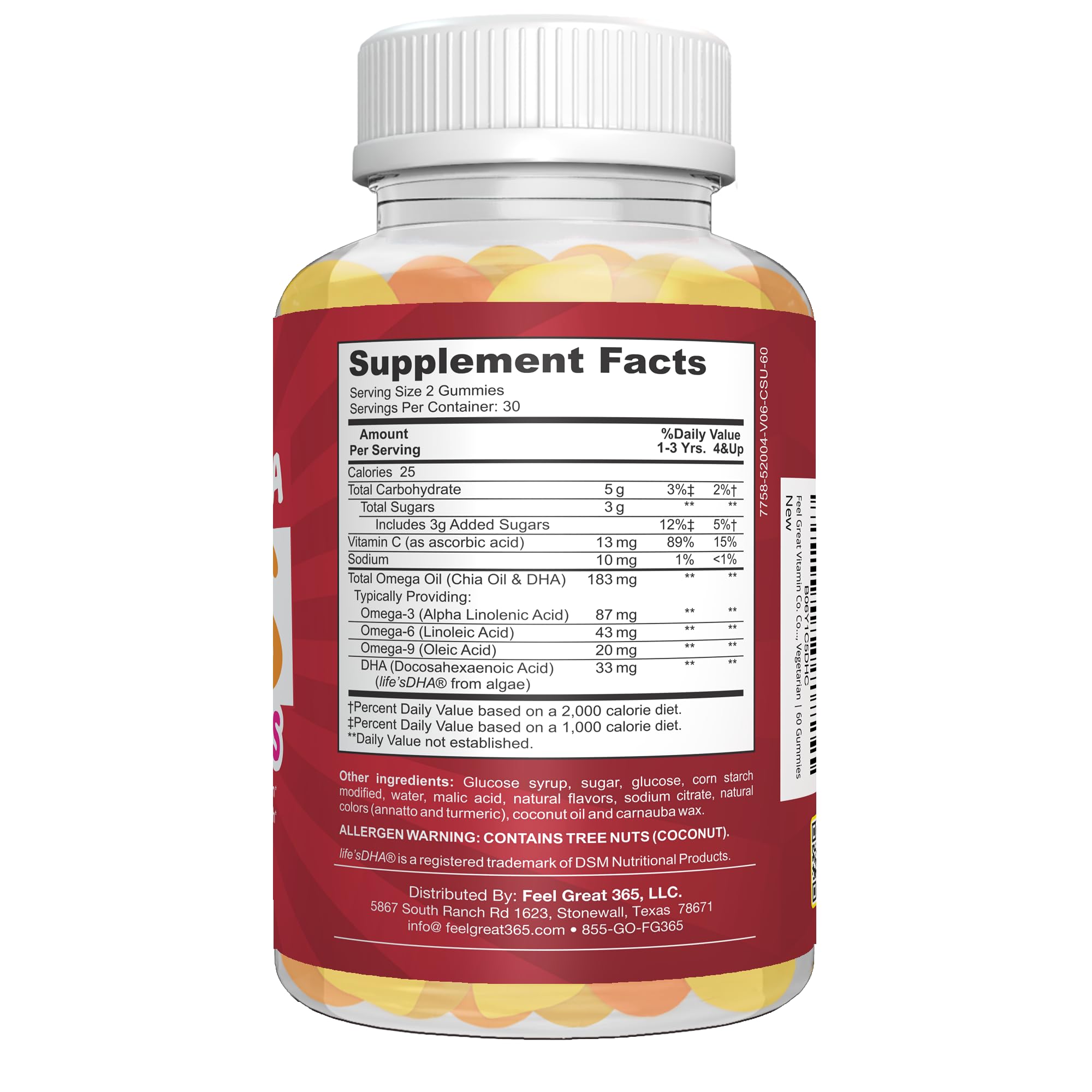 Feel Great Vitamin Co. Complete DHA gummies jar on kitchen counter signals convenient 60-count supply.