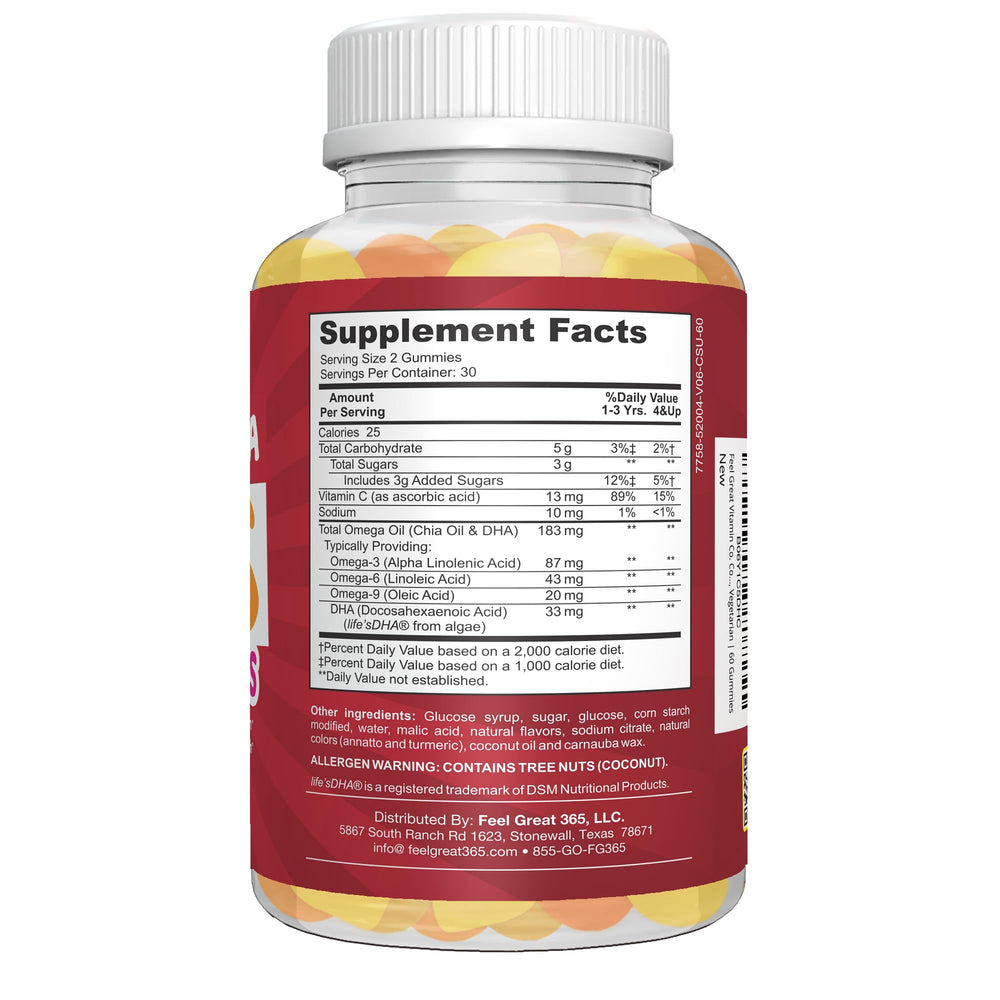 Feel Great Vitamin Co. Complete DHA gummies jar on kitchen counter signals convenient 60-count supply.