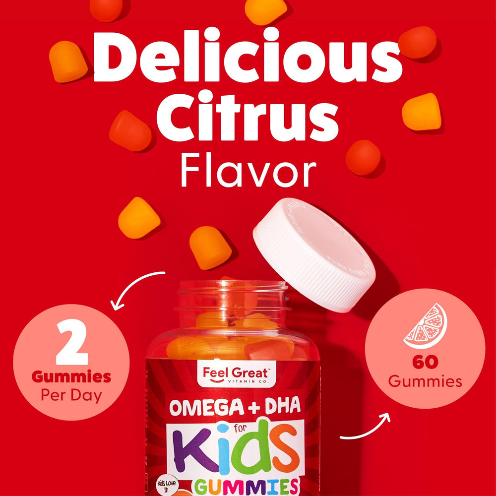 Feel Great Vitamin Co. Complete DHA gummies nutrition label closeup shows gluten-free and vegetarian formulation.