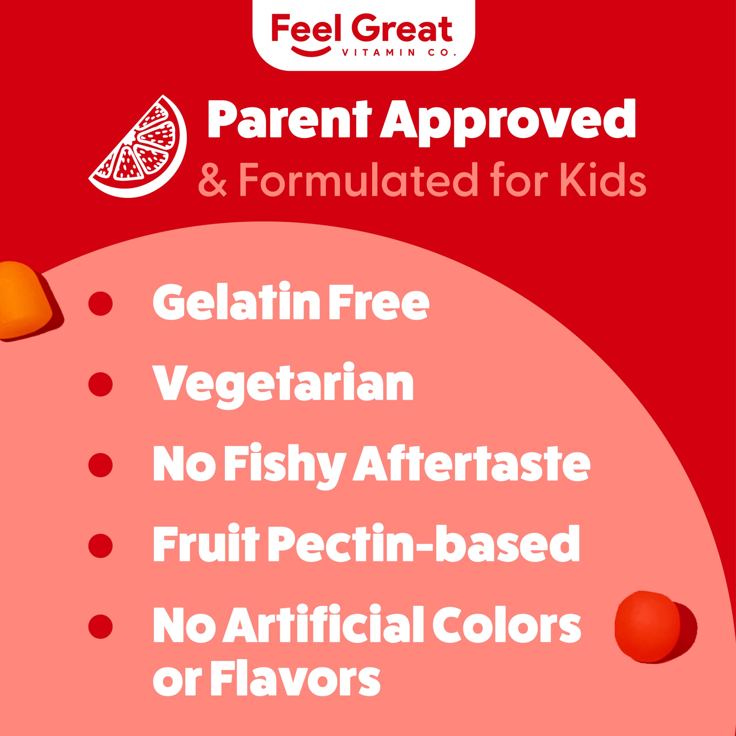 Feel Great Vitamin Co. Complete DHA gummies on a spoon show a vitamin C boost for daily use.