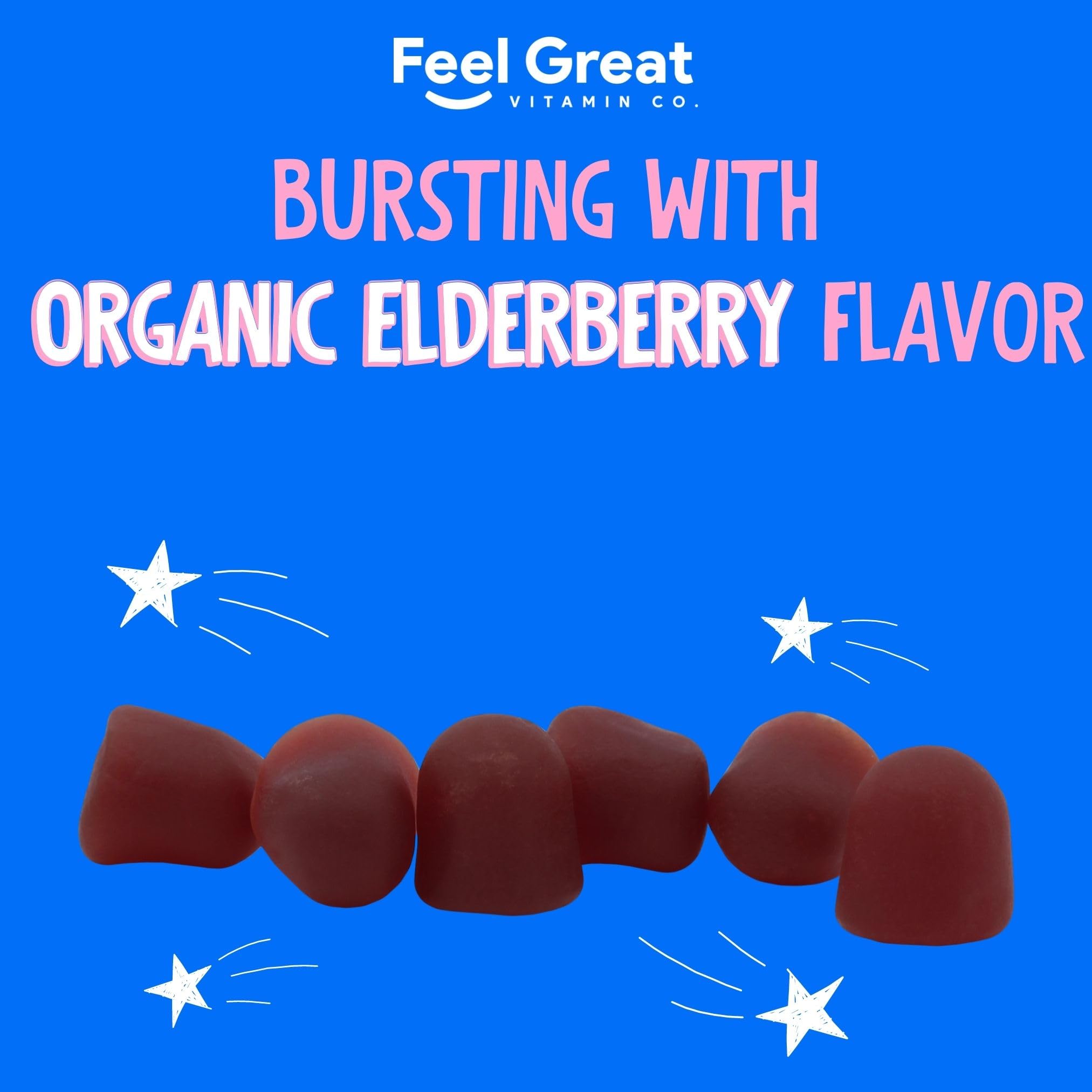 The Feel Great Vitamin Company elderberry gummies kids third-party tested badge for purity.