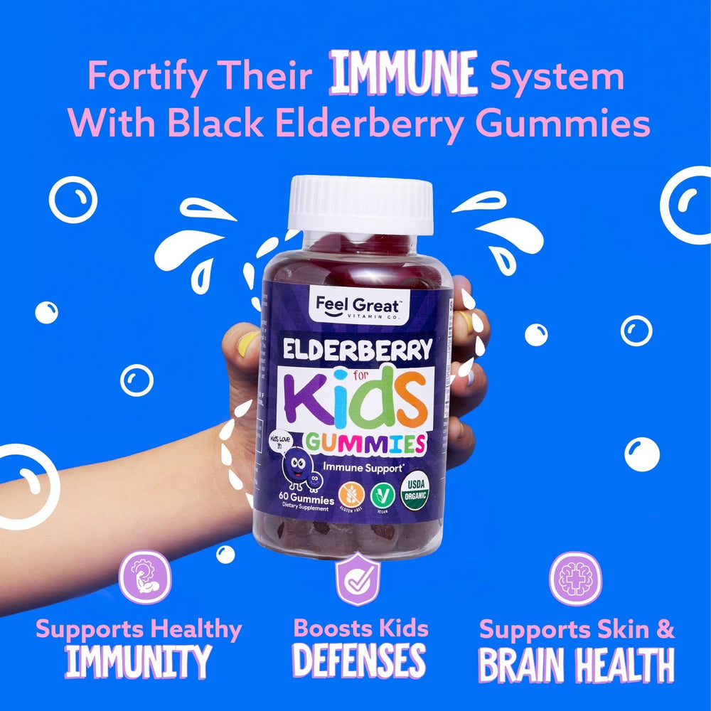 The Feel Great Vitamin Company elderberry gummies kids texture shows chewy, kid-friendly gummies.