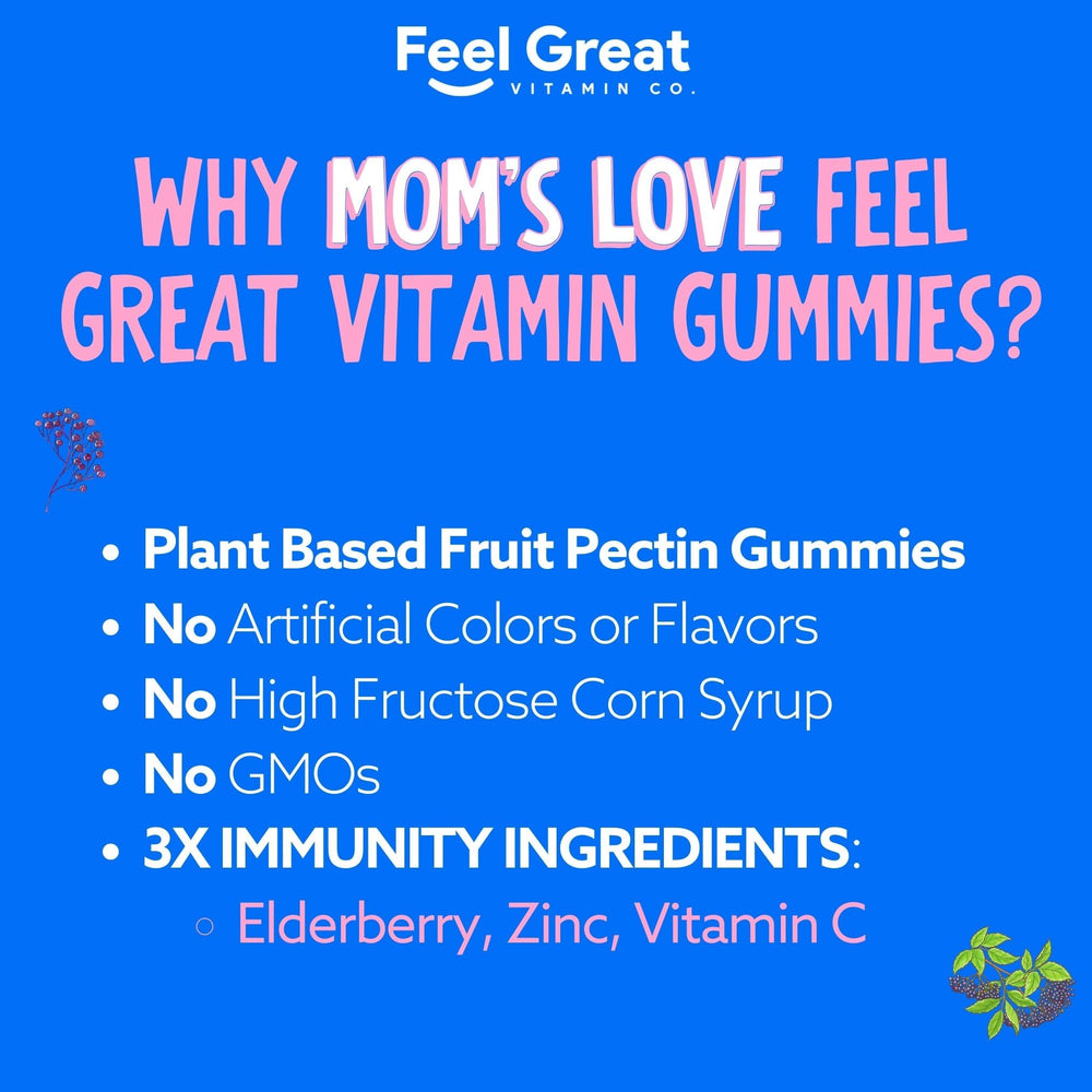 The Feel Great Vitamin Company elderberry gummies kids gluten-free and vegan certification visible on packaging.
