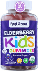 The Feel Great Vitamin Company elderberry gummies kids label showcasing organic ingredients for immune support.
