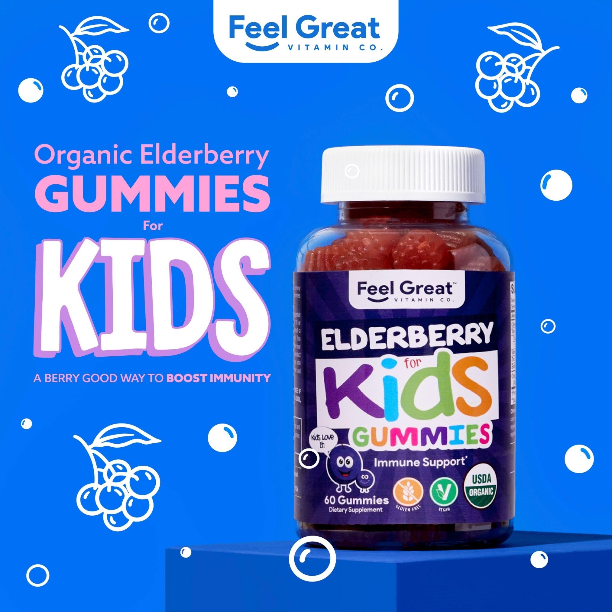 The Feel Great Vitamin Company elderberry gummies kids packaging emphasizes a convenient daily dose.