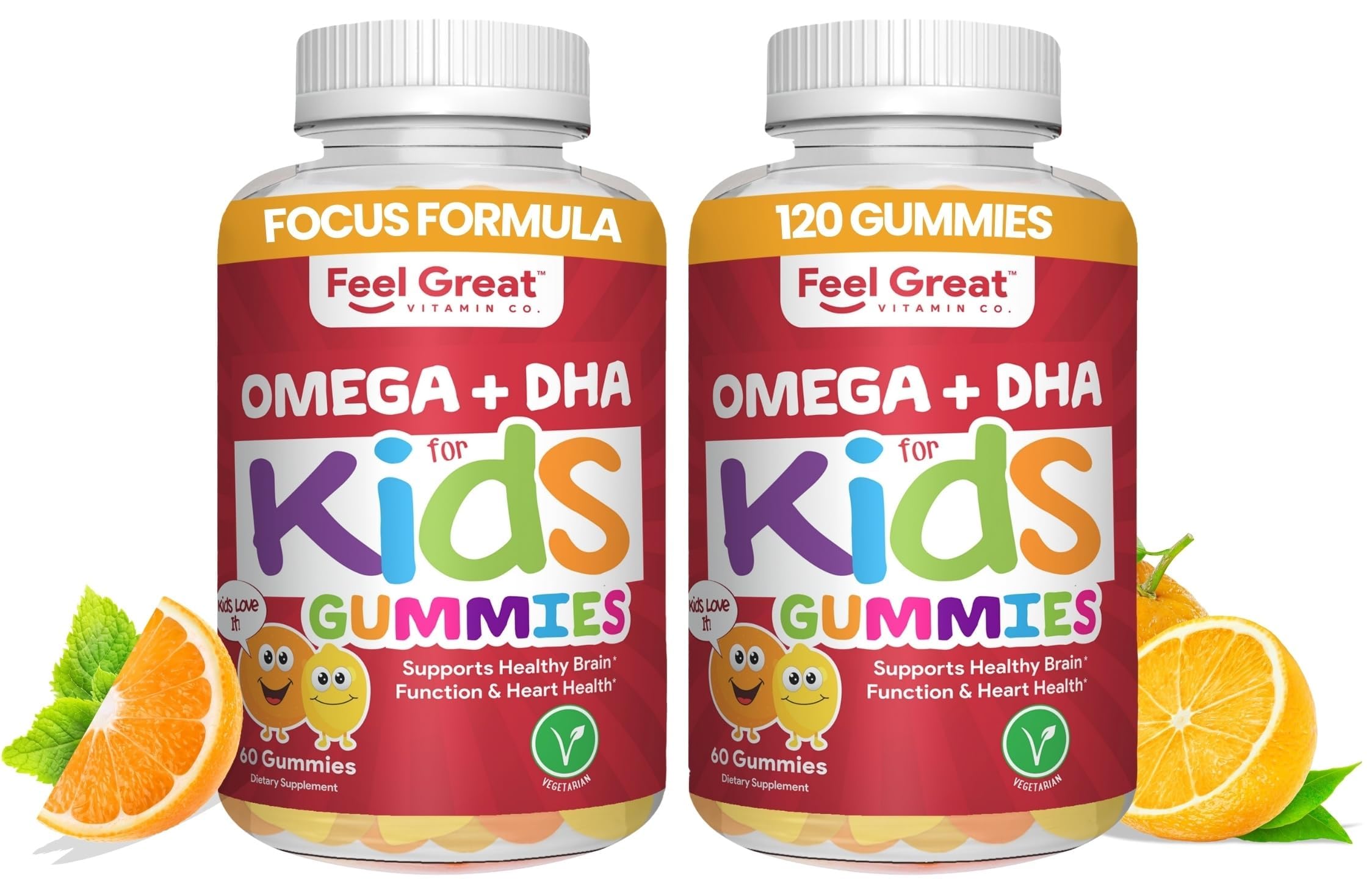 The Feel Great Vitamins Kids DHA Gummies bottle, a tasty daily supplement.