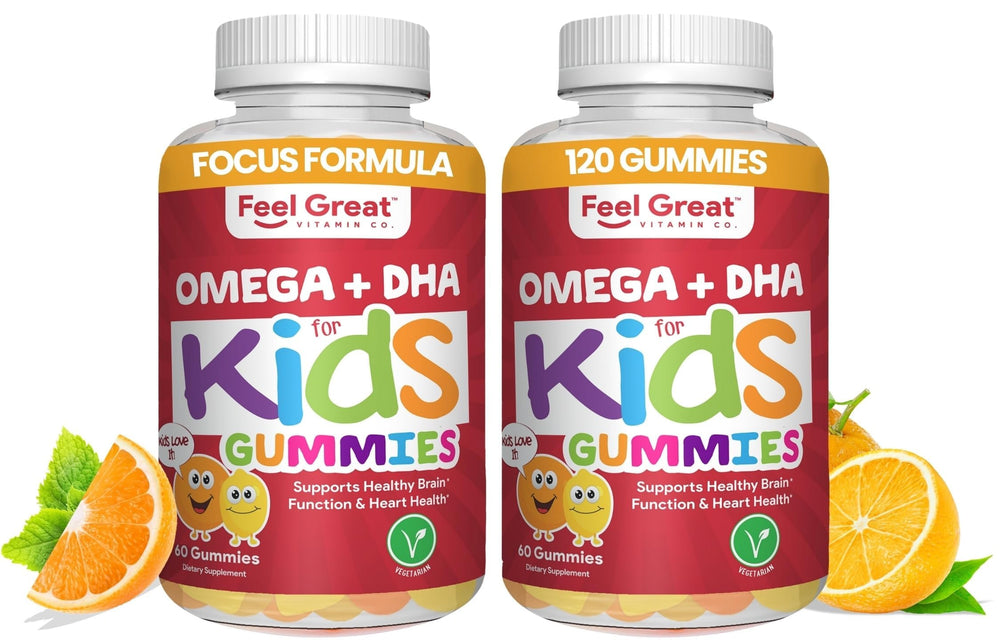 The Feel Great Vitamins Kids DHA Gummies bottle, a tasty daily supplement.