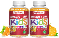 The Feel Great Vitamins Kids DHA Gummies bottle, a tasty daily supplement.