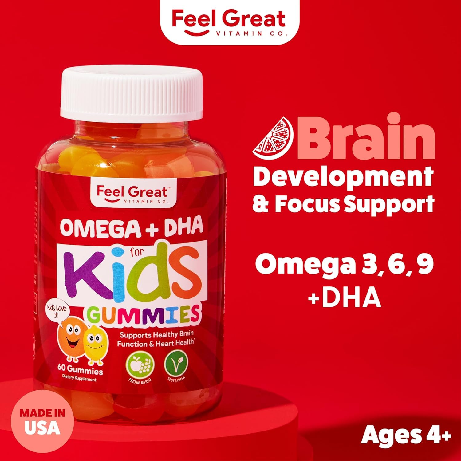 Closeup of colorful citrus gummies from Feel Great Vitamins Kids DHA Gummies.