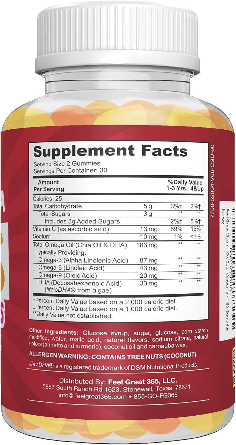 Ingredients include chia and algae in Feel Great Vitamins gummies.