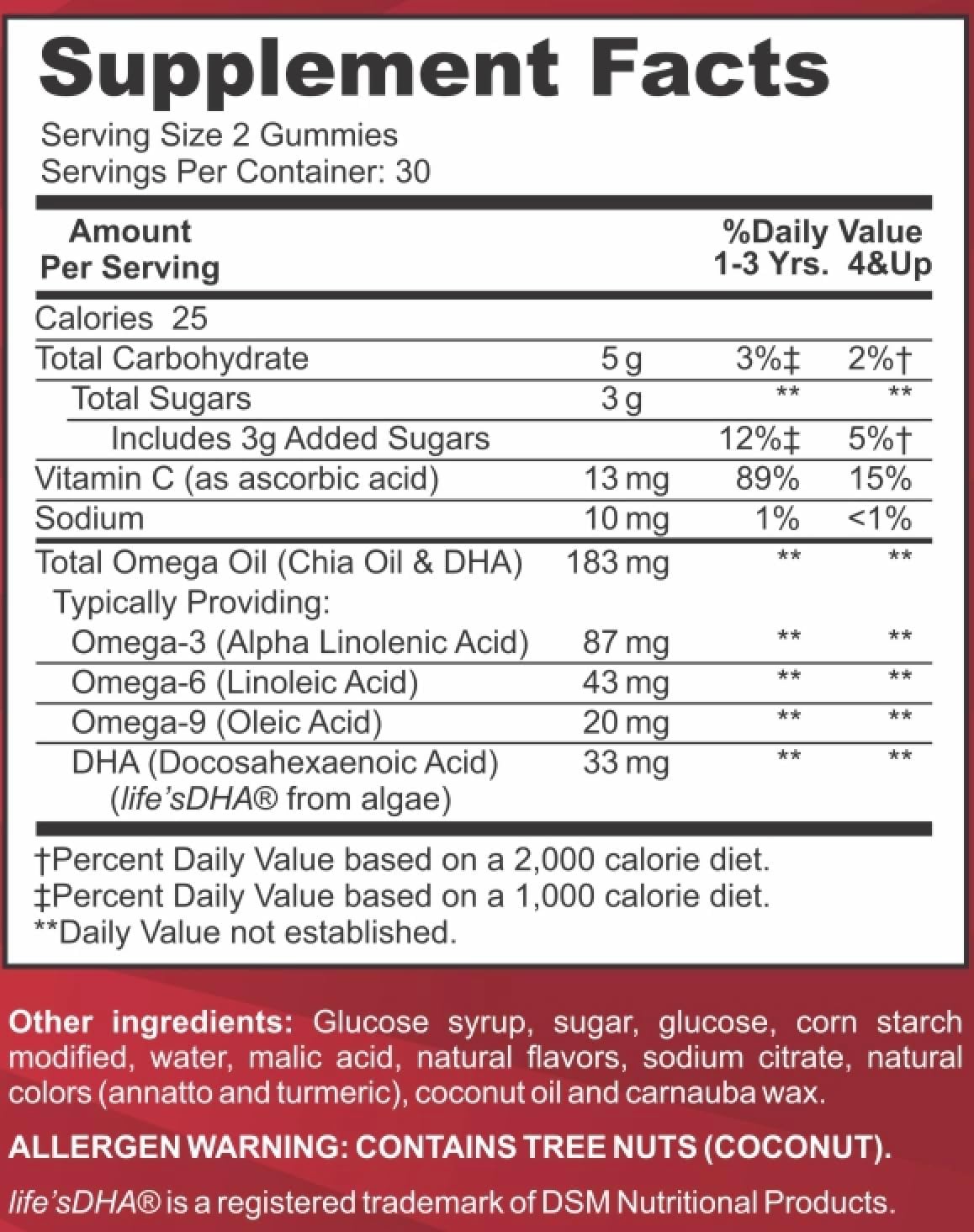Nutrition facts panel on Feel Great Vitamins Kids DHA Gummies bottle.