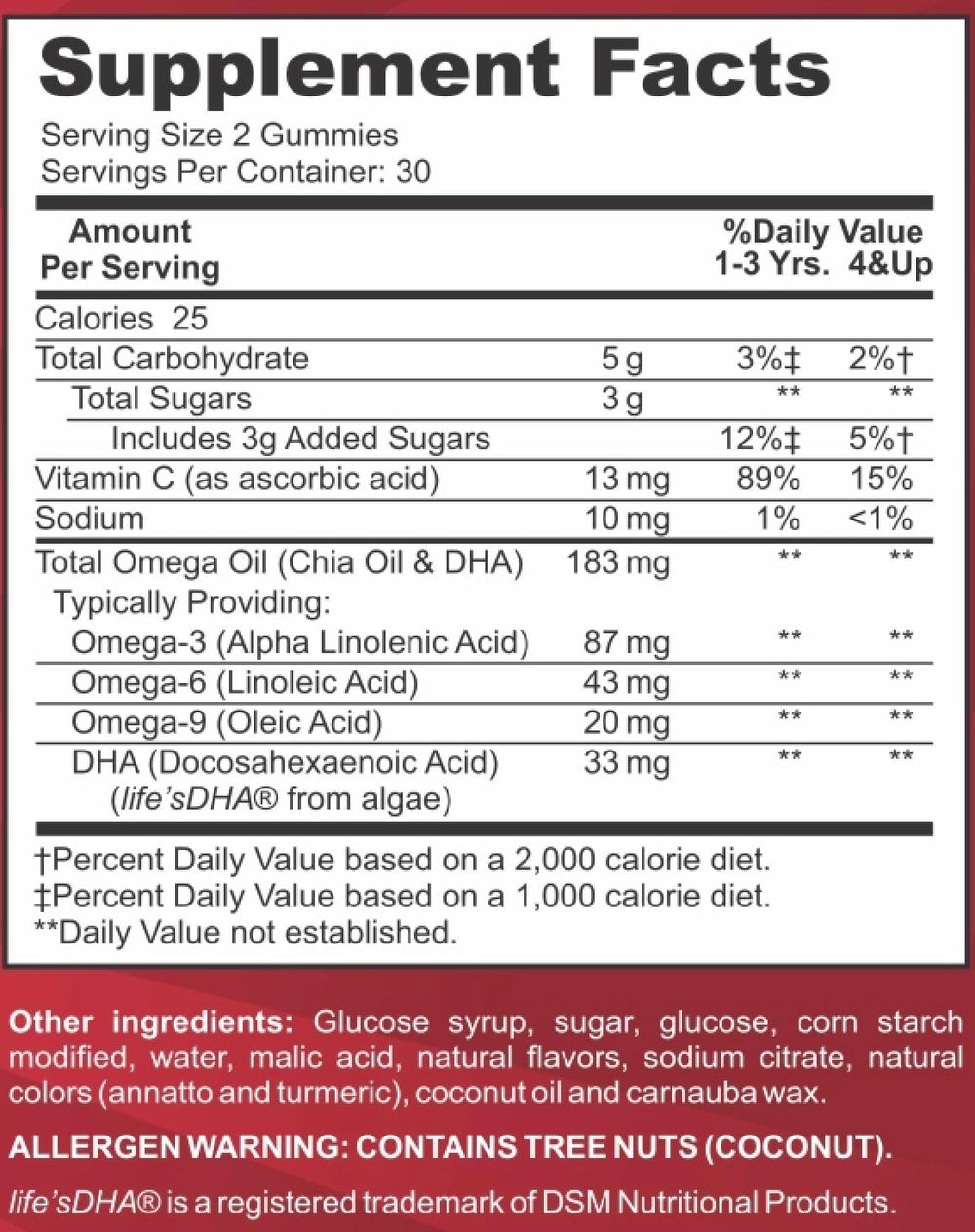 Nutrition facts panel on Feel Great Vitamins Kids DHA Gummies bottle.