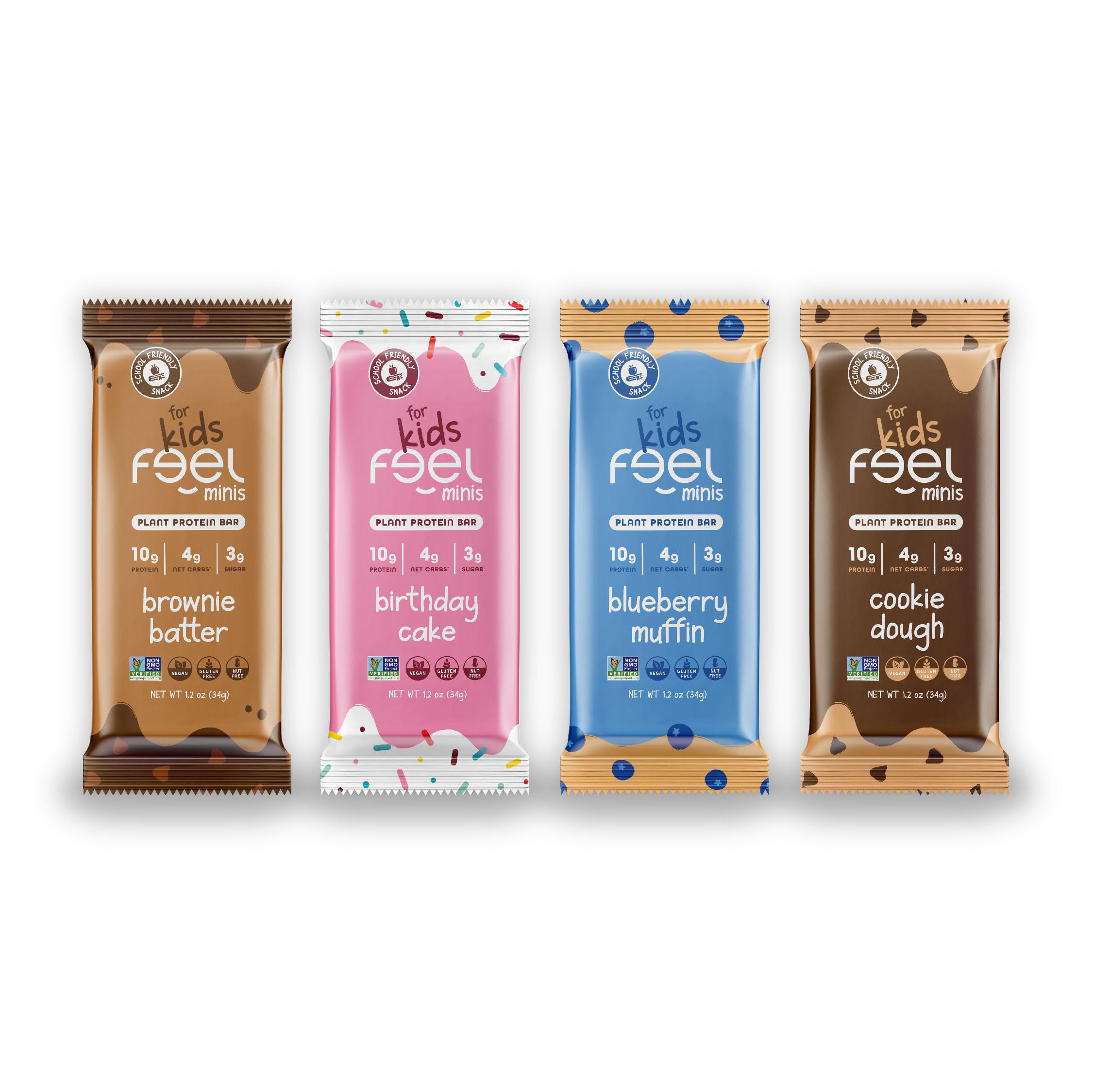 FEEL Kids Protein Bars Minis variety pack hero image showing a colorful, kid-friendly snack