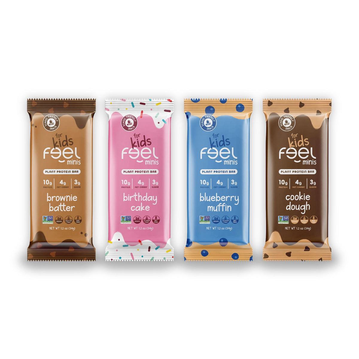 FEEL Kids Protein Bars Minis variety pack hero image showing a colorful, kid-friendly snack