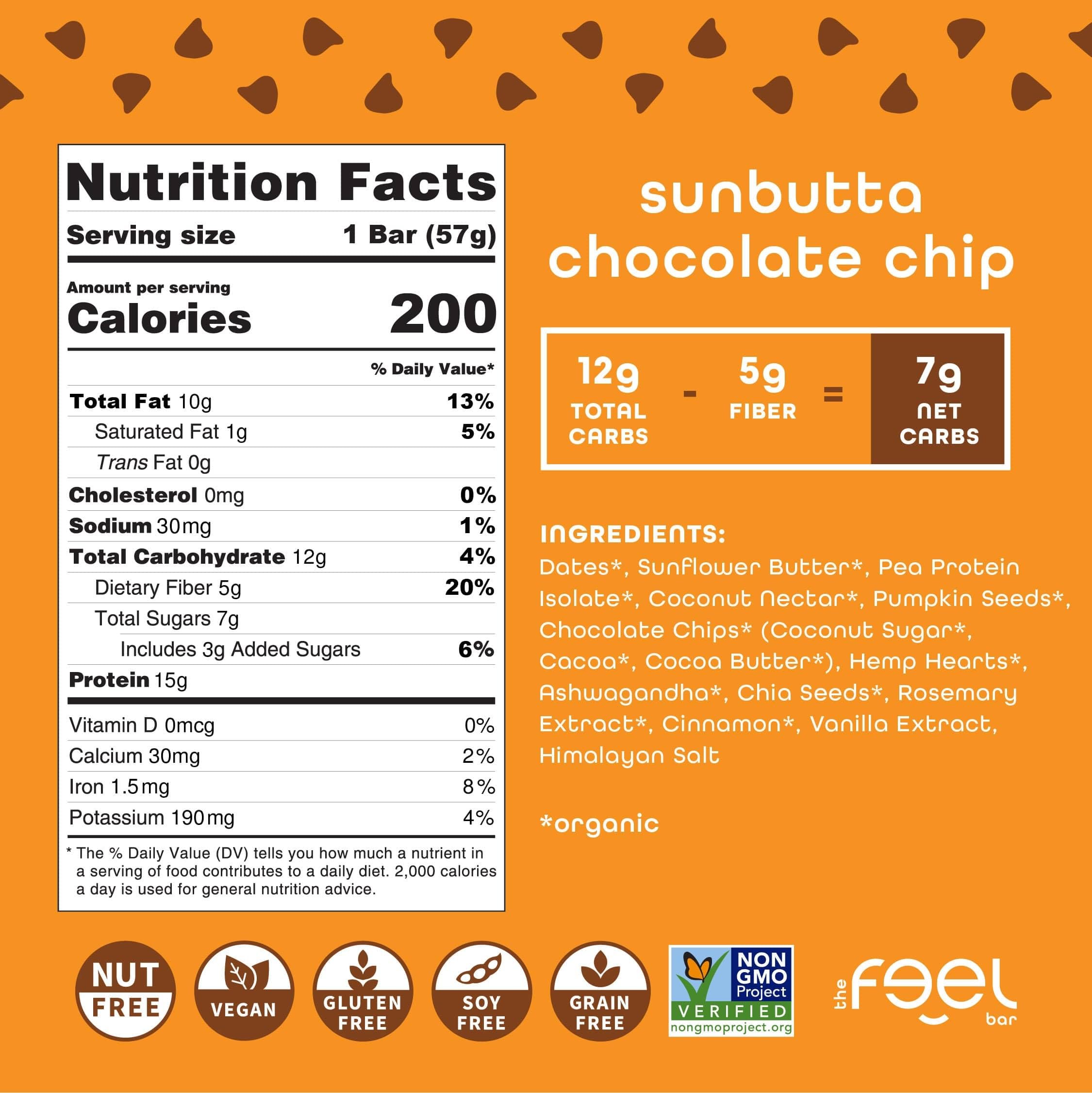 Close-up bite of FEEL Sunbutta Choco Chip bar bursting with chocolatey flavor.