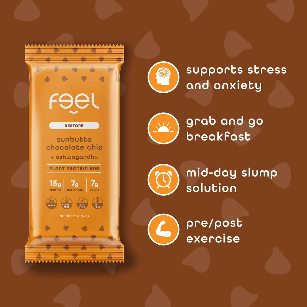Close-up ingredients of FEEL Sunbutta Choco Chip bar highlight plant protein.