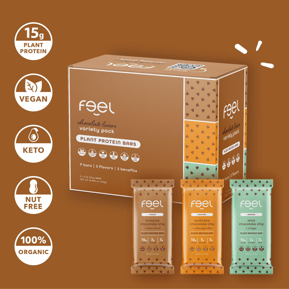 FEEL vegan protein bars ashwagandha energy boost close-up with colorful packaging