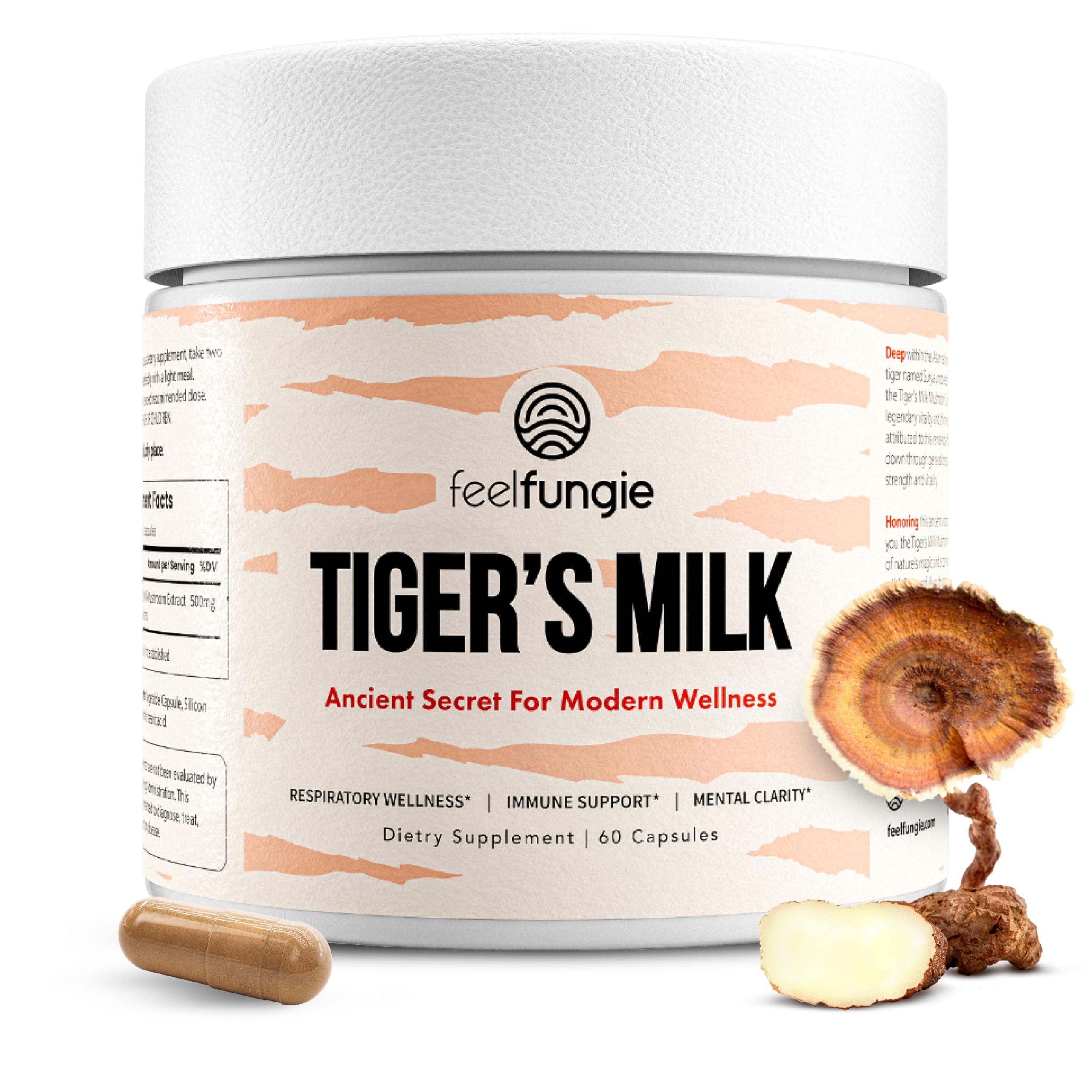 FeelFungie Tiger Milk Mushroom supplement bottle promoting immune support.