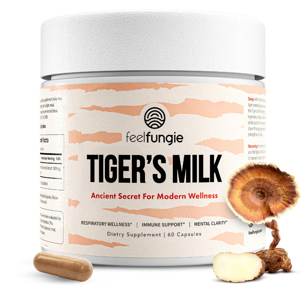 FeelFungie Tiger Milk Mushroom supplement bottle promoting immune support.