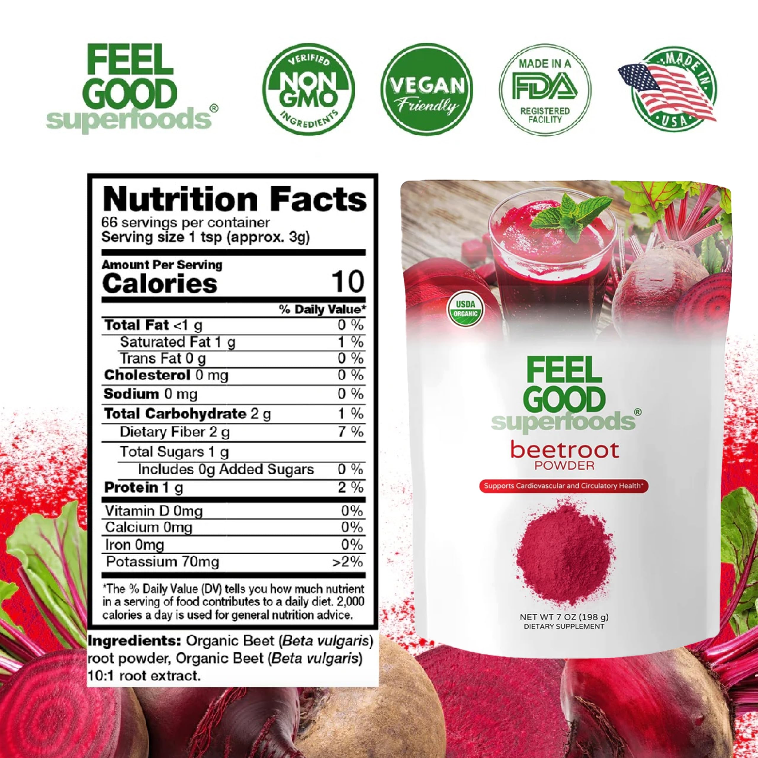 FEEL GOOD beetroot powder scoop beside glass for smoothie nourishment