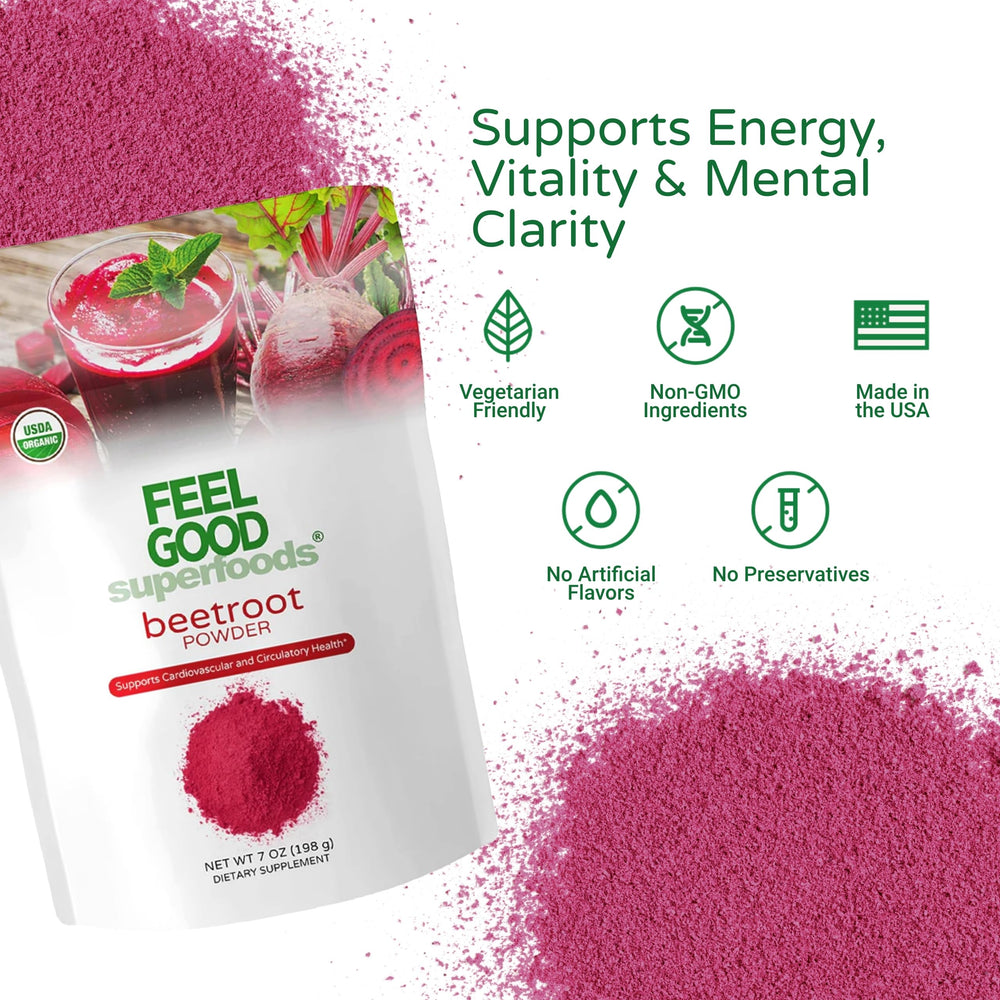 FEEL GOOD beetroot powder in smoothie glass illustrating easy usage