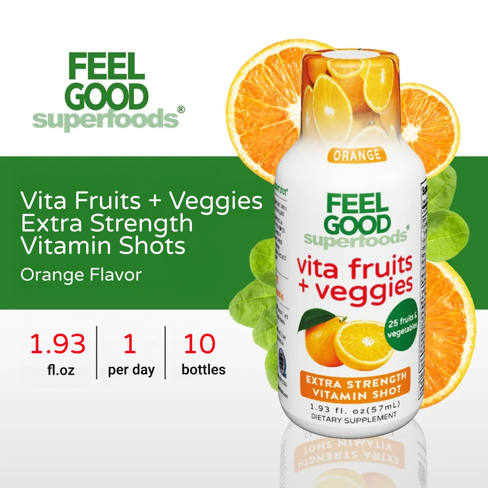 FeelGood ingredients close-up shows 25 organic fruits and vegetables.