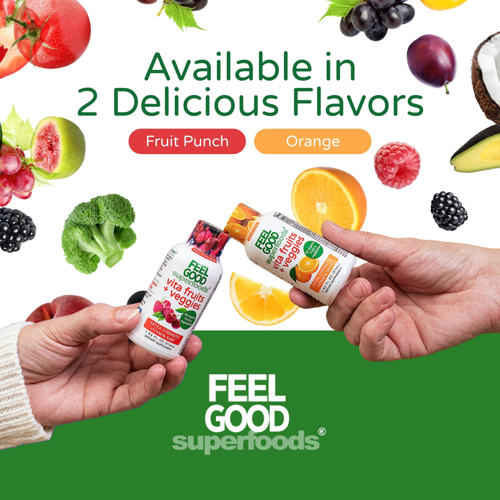 FeelGood orange immune shot nutrition close-up emphasizes ingredients and serving size.