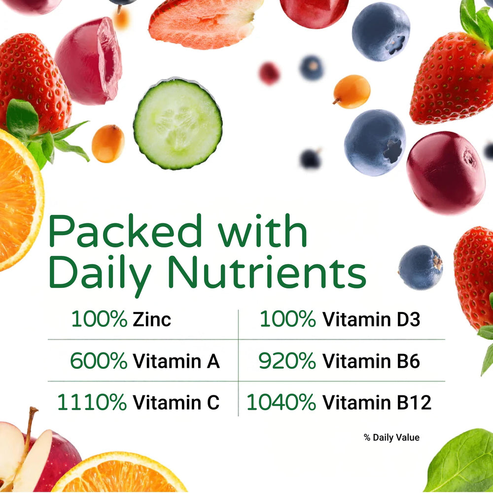 FeelGood immune shot travel-ready pack label close-up with product details.