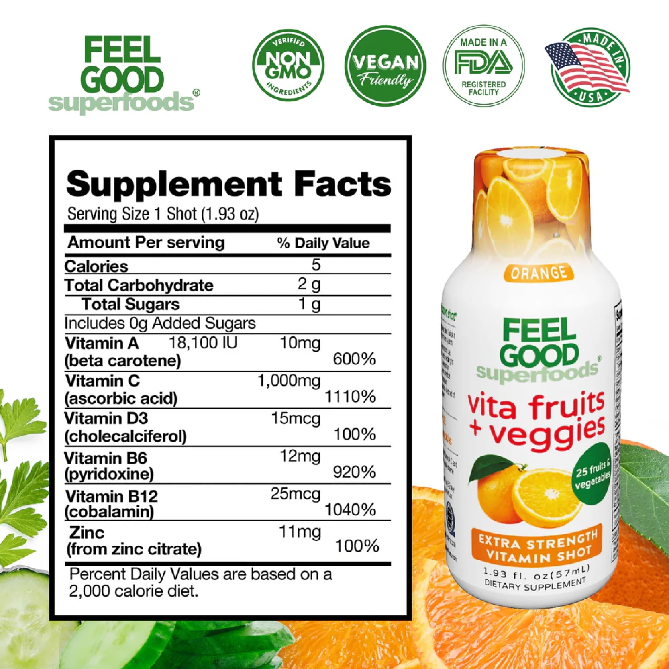 FeelGood orange immune shot pour highlighting smooth citrus flavor and portability.