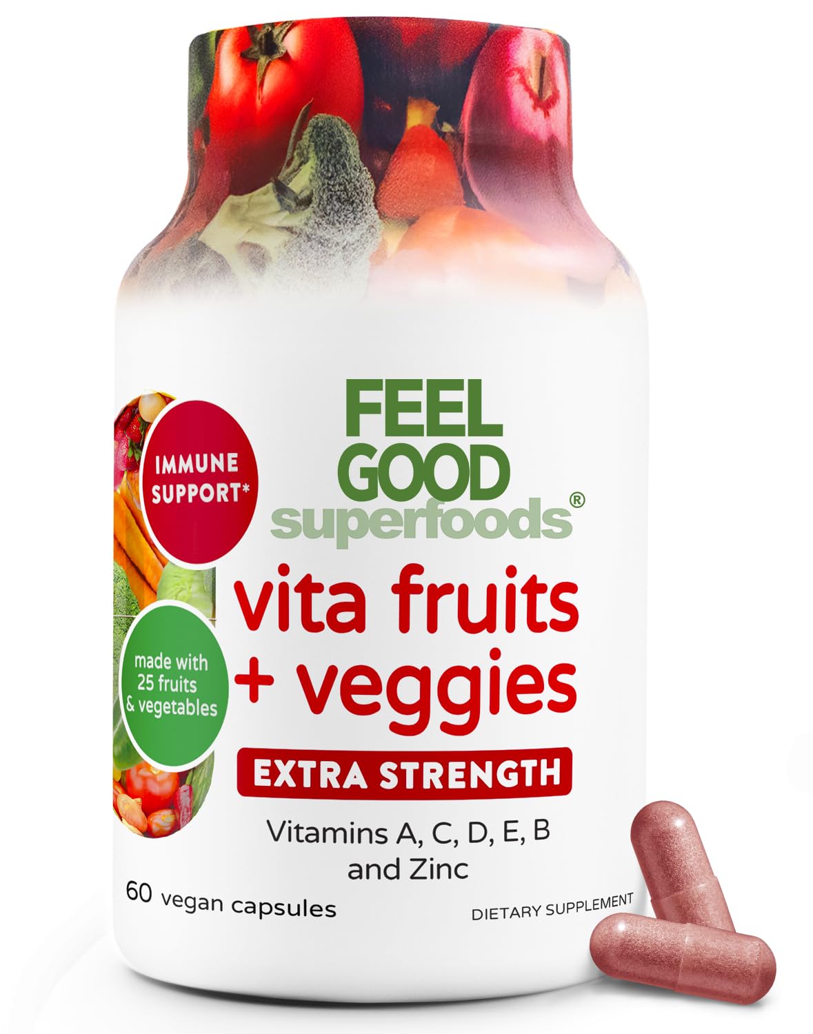 FeelGood Superfoods immune bottle front shows vibrant packaging for daily wellness.
