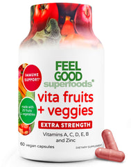 FeelGood Superfoods immune bottle front shows vibrant packaging for daily wellness.