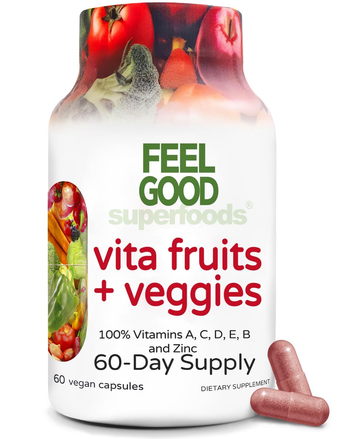 FeelGood Vita Fruits and Veggies bottle label highlights 60 capsules for daily nourishment
