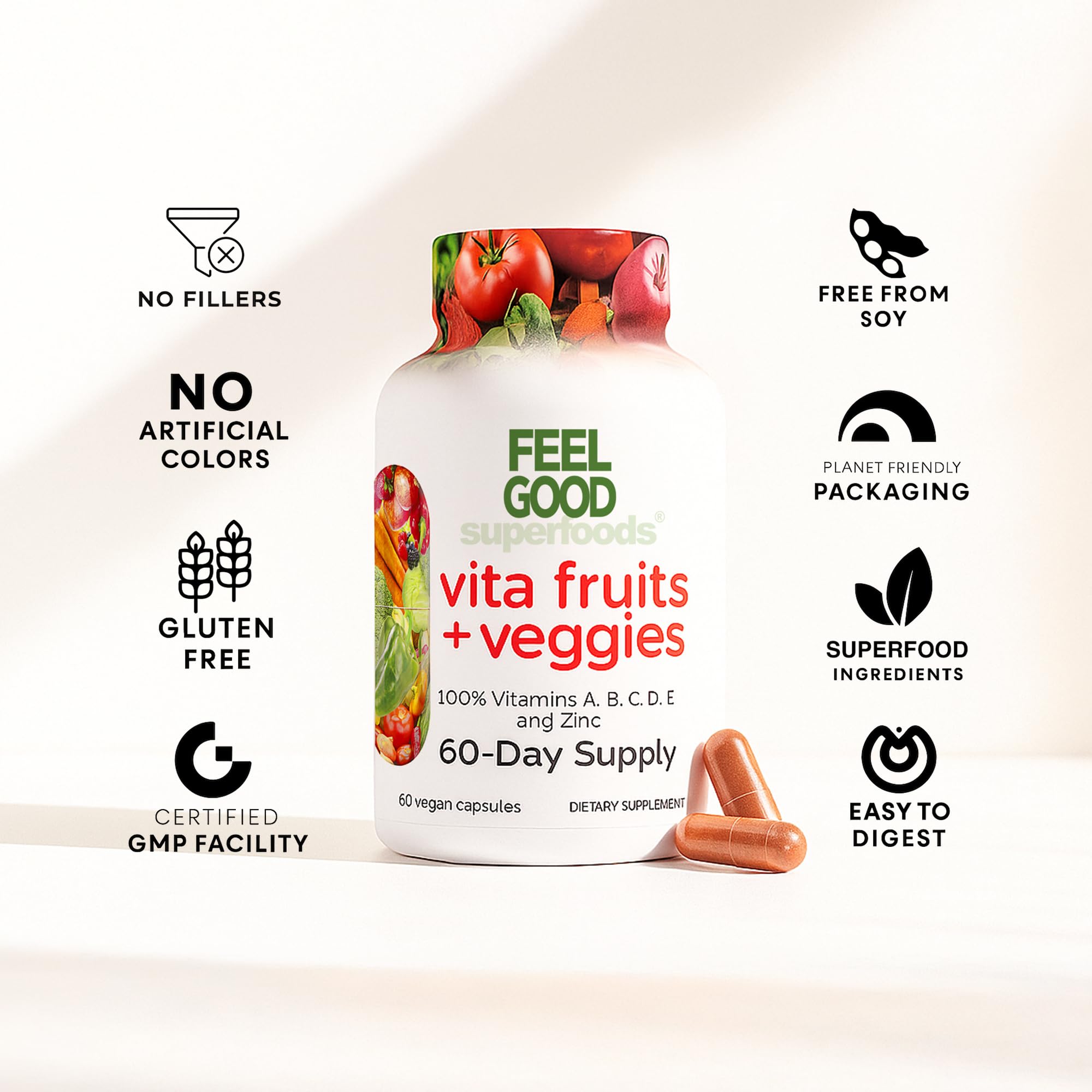 FeelGood Vita Fruits and Veggies capsules close-up shows colorful contents for energy support