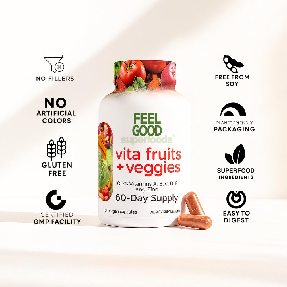 FeelGood Vita Fruits and Veggies capsules close-up shows colorful contents for energy support