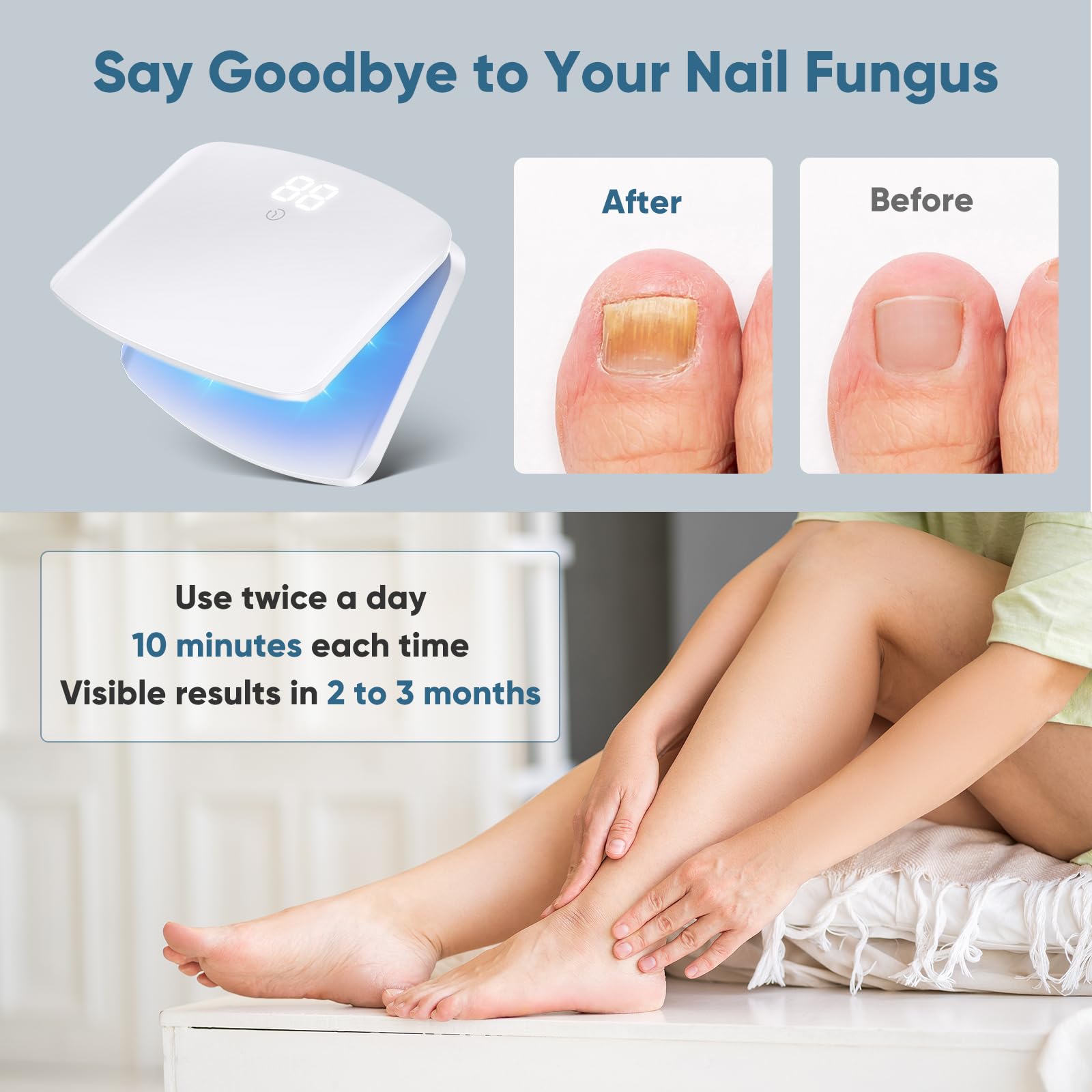 FEIGOMA nail fungus light device in use with hand placement for fingernail care