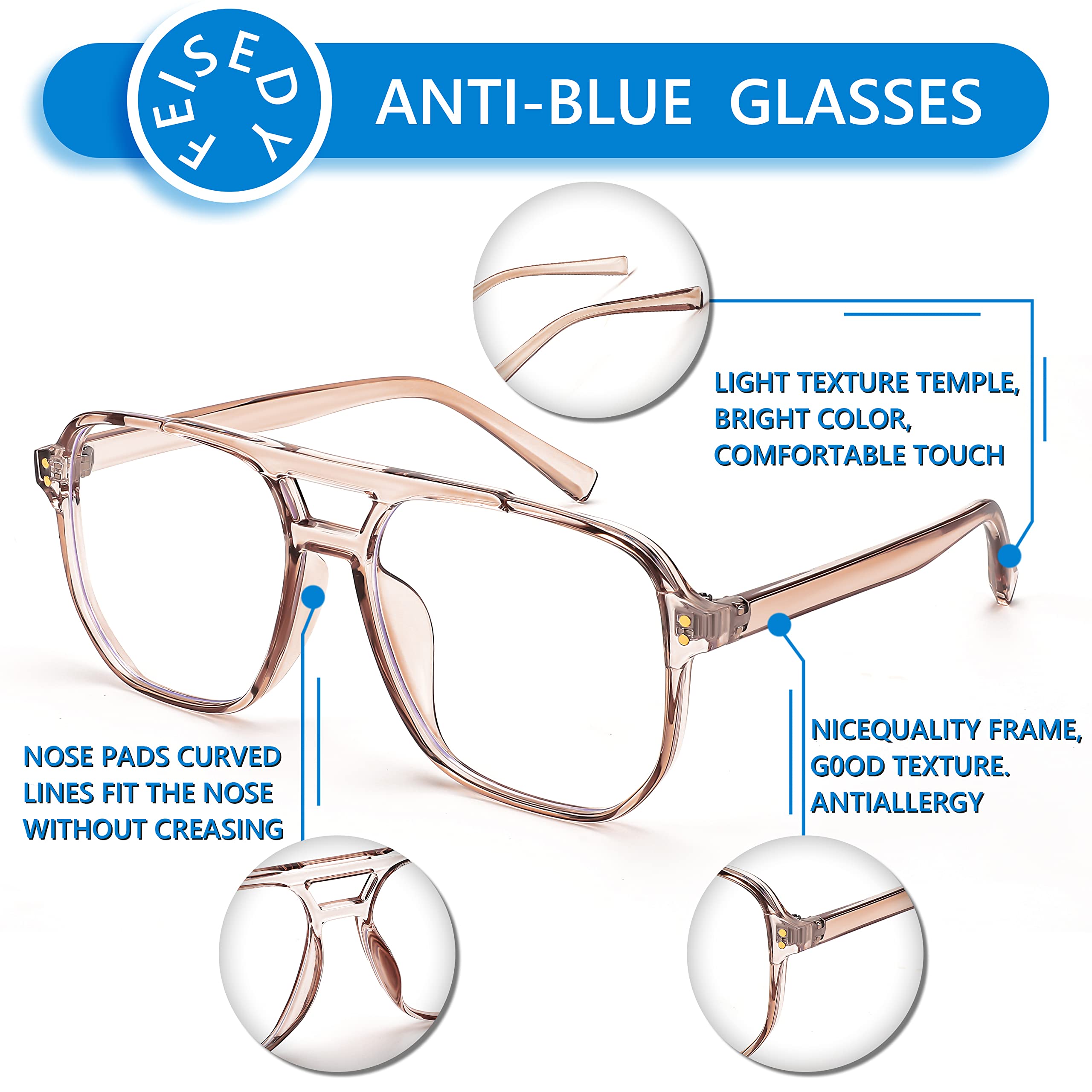 FEISEDY anti-blue light glasses, lifestyle shot, stylish comfort for long workdays.