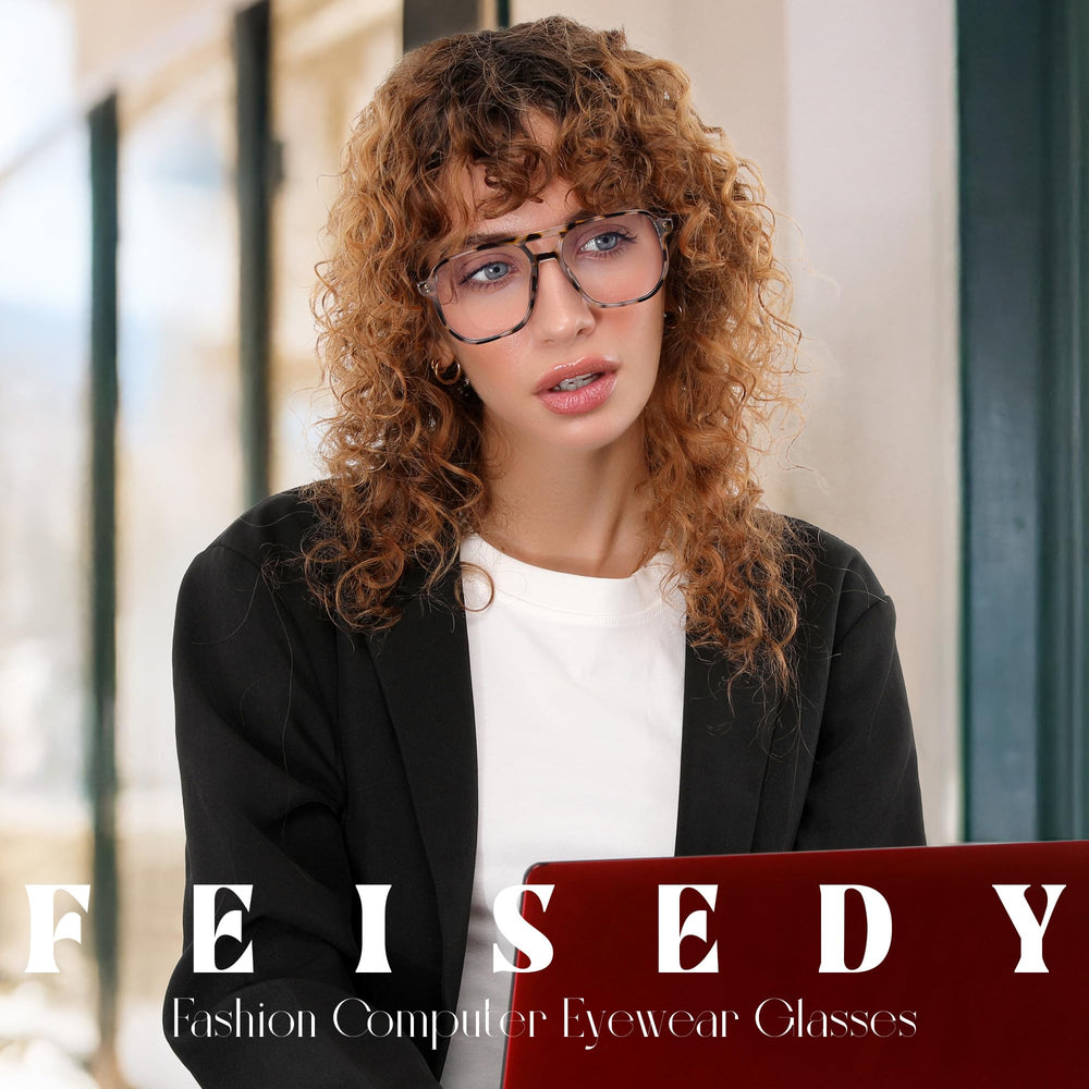 FEISEDY blue light blocking lenses close-up showing replaceable option for customization